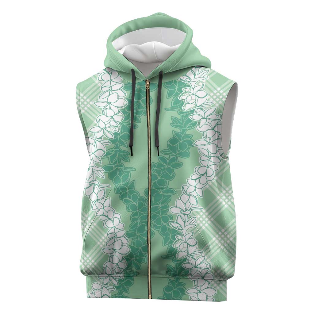 Hawaii Aloha Plumeria Lei Mint Palaka Sleeveless Zip Hoodie - Polynesian Pride