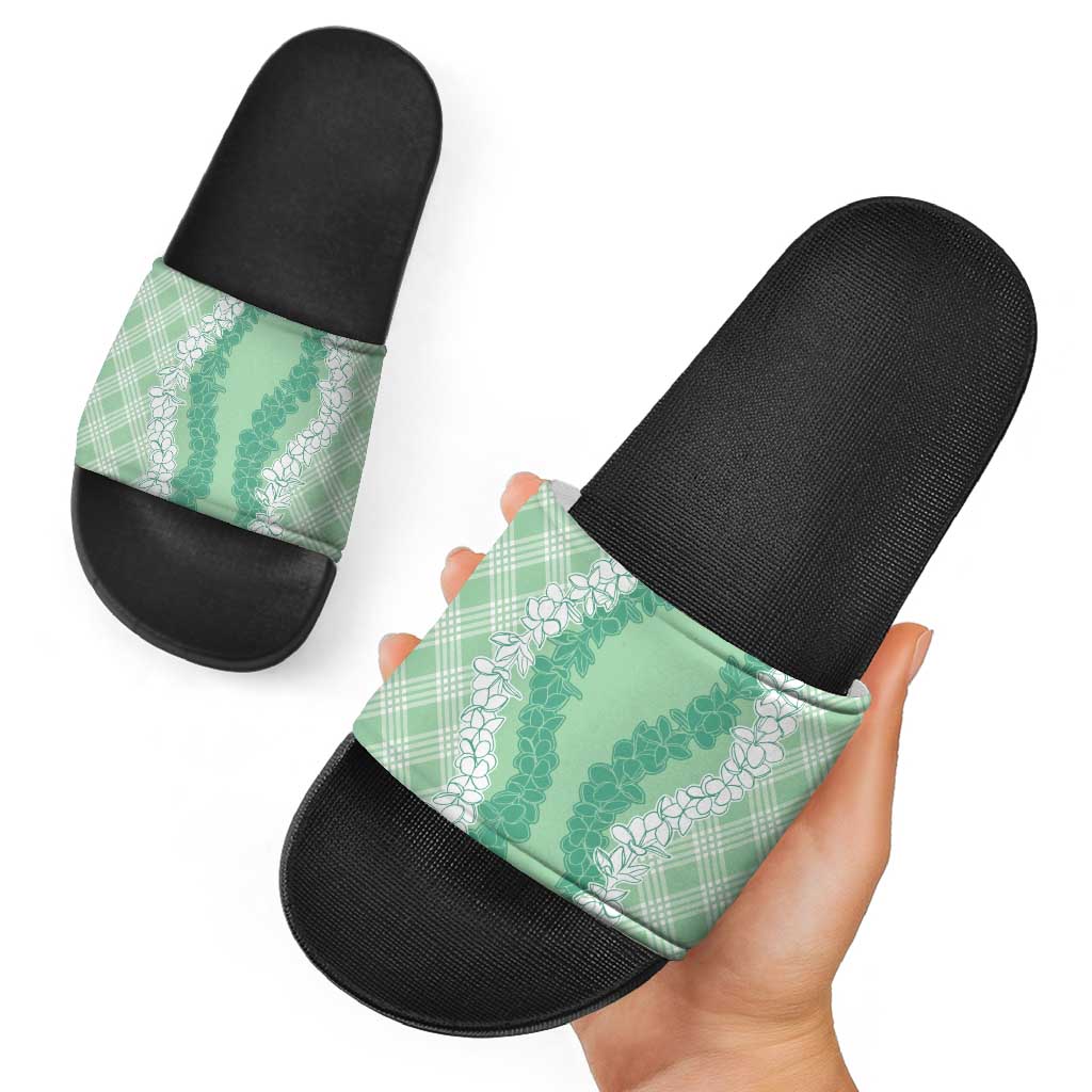 Hawaii Aloha Plumeria Lei Mint Palaka Slide Sandals - Polynesian Pride