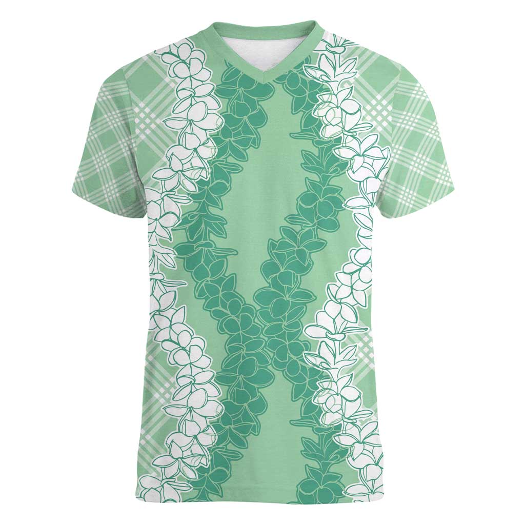 Hawaii Aloha Plumeria Lei Mint Palaka Women V-Neck T-Shirt LT7 Female Mint - Polynesian Pride