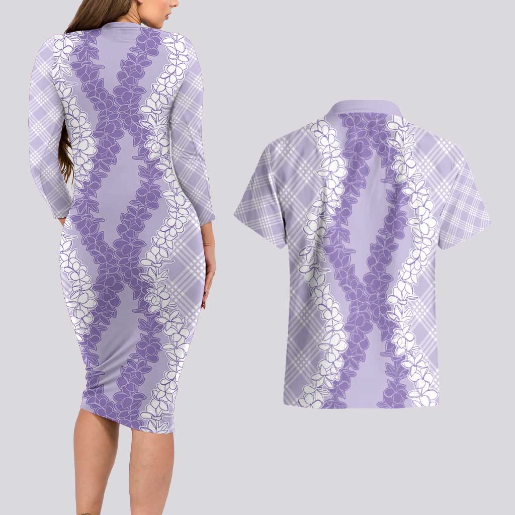 Hawaii Aloha Plumeria Lei Lavender Palaka Couples Matching Long Sleeve Bodycon Dress and Hawaiian Shirt - Polynesian Pride