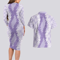Hawaii Aloha Plumeria Lei Lavender Palaka Couples Matching Long Sleeve Bodycon Dress and Hawaiian Shirt - Polynesian Pride