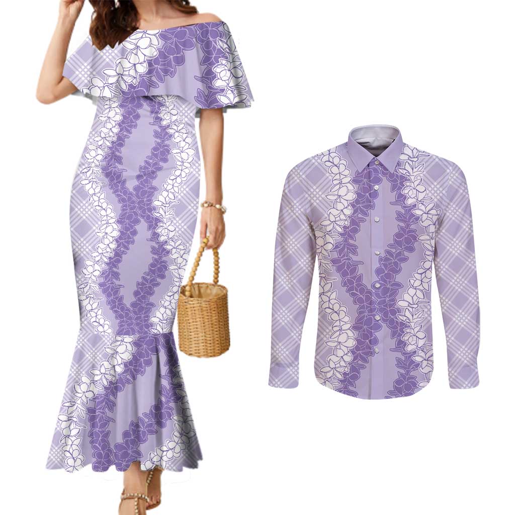 Hawaii Aloha Plumeria Lei Lavender Palaka Couples Matching Mermaid Dress and Long Sleeve Button Shirt - Polynesian Pride