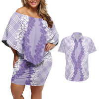 Hawaii Aloha Plumeria Lei Lavender Palaka Couples Matching Off Shoulder Short Dress and Hawaiian Shirt - Polynesian Pride