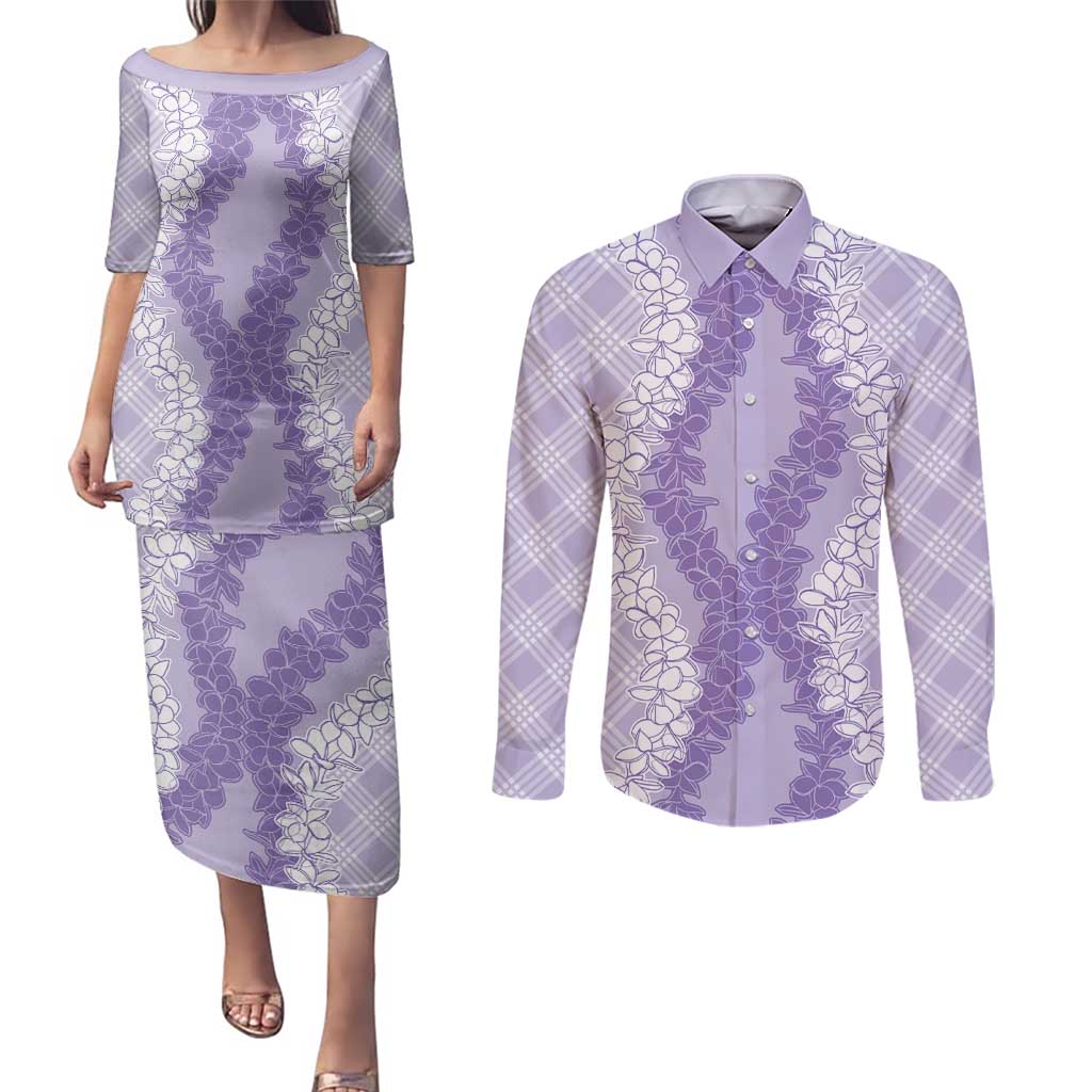 Hawaii Aloha Plumeria Lei Lavender Palaka Couples Matching Puletasi and Long Sleeve Button Shirt LT7 Lavender - Polynesian Pride