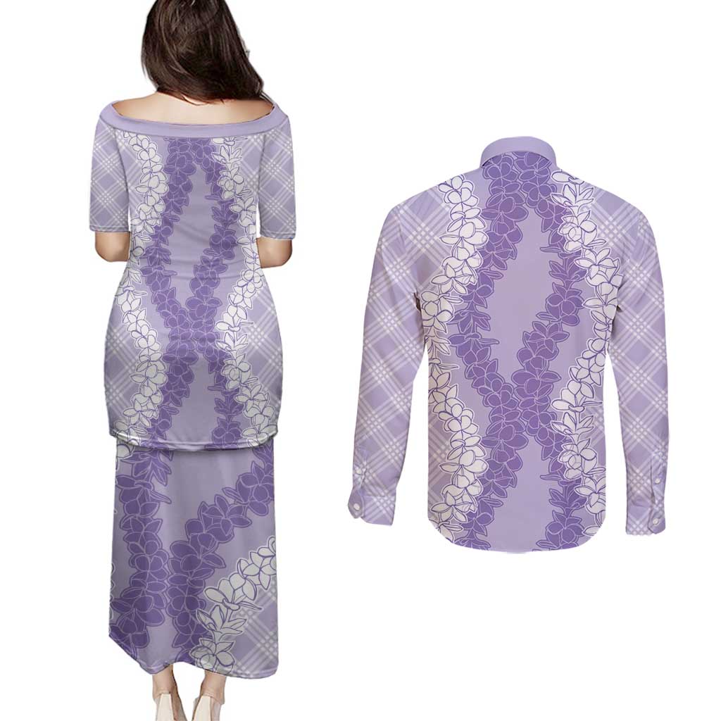 Hawaii Aloha Plumeria Lei Lavender Palaka Couples Matching Puletasi and Long Sleeve Button Shirt LT7 - Polynesian Pride
