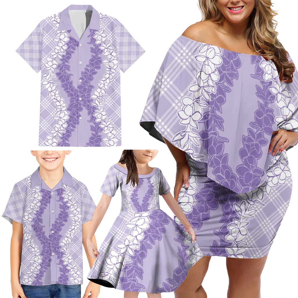 Hawaii Aloha Plumeria Lei Lavender Palaka Family Matching Off Shoulder Short Dress and Hawaiian Shirt - Polynesian Pride