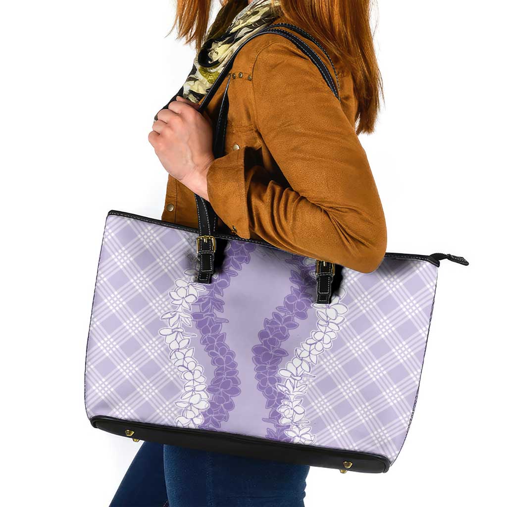 Hawaii Aloha Plumeria Lei Lavender Palaka Leather Tote Bag - Polynesian Pride
