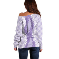 Hawaii Aloha Plumeria Lei Lavender Palaka Off Shoulder Sweater - Polynesian Pride