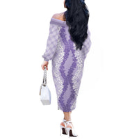 Hawaii Aloha Plumeria Lei Lavender Palaka Off The Shoulder Long Sleeve Dress - Polynesian Pride