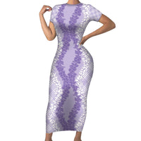 Hawaii Aloha Plumeria Lei Lavender Palaka Short Sleeve Bodycon Dress - Polynesian Pride