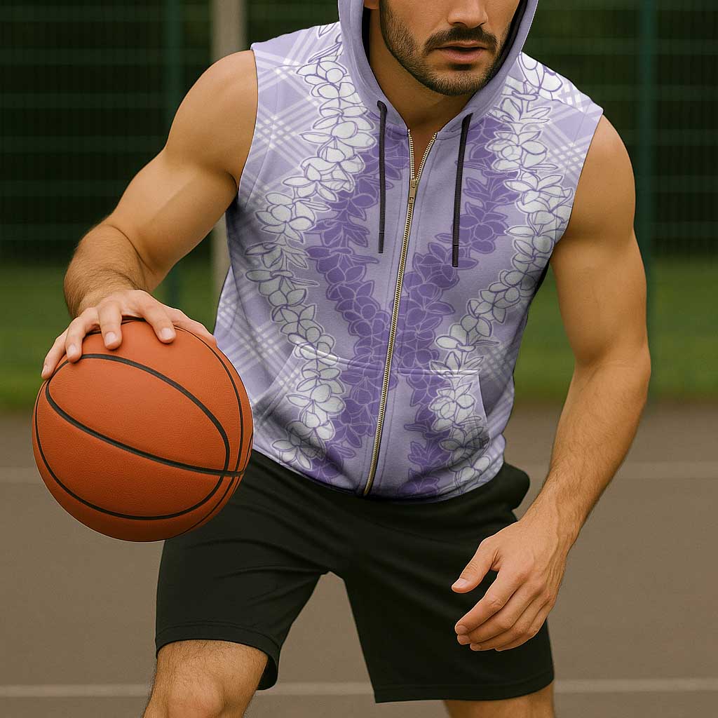 Hawaii Aloha Plumeria Lei Lavender Palaka Sleeveless Zip Hoodie - Polynesian Pride