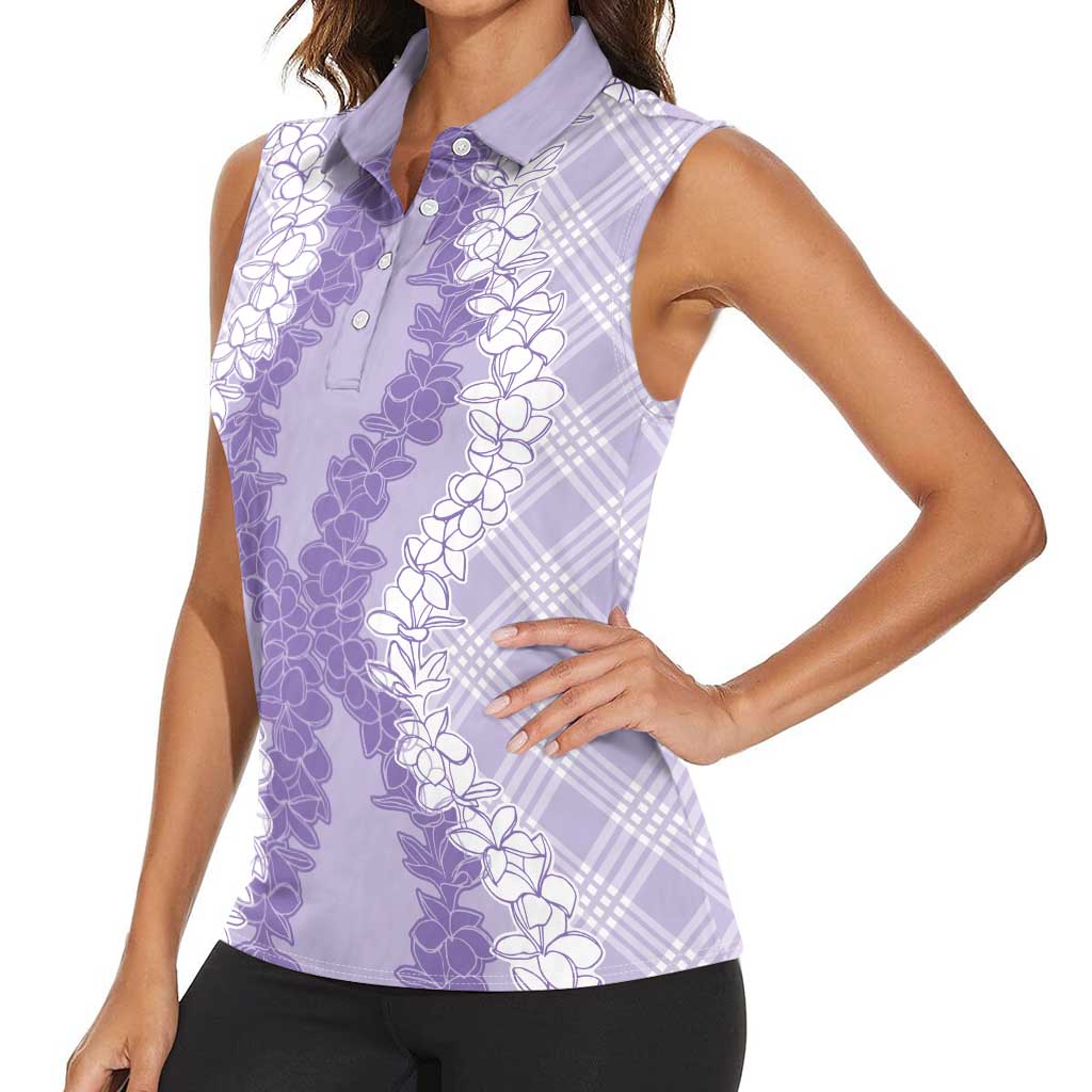 Hawaii Aloha Plumeria Lei Lavender Palaka Women Sleeveless Polo Shirt - Polynesian Pride