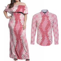 Hawaii Aloha Plumeria Lei Pink Palaka Couples Matching Off Shoulder Maxi Dress and Long Sleeve Button Shirt - Polynesian Pride