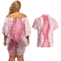 Hawaii Aloha Plumeria Lei Pink Palaka Couples Matching Off Shoulder Short Dress and Hawaiian Shirt - Polynesian Pride