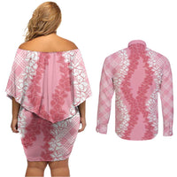 Hawaii Aloha Plumeria Lei Pink Palaka Couples Matching Off Shoulder Short Dress and Long Sleeve Button Shirt - Polynesian Pride