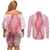 Hawaii Aloha Plumeria Lei Pink Palaka Couples Matching Off Shoulder Short Dress and Long Sleeve Button Shirt - Polynesian Pride