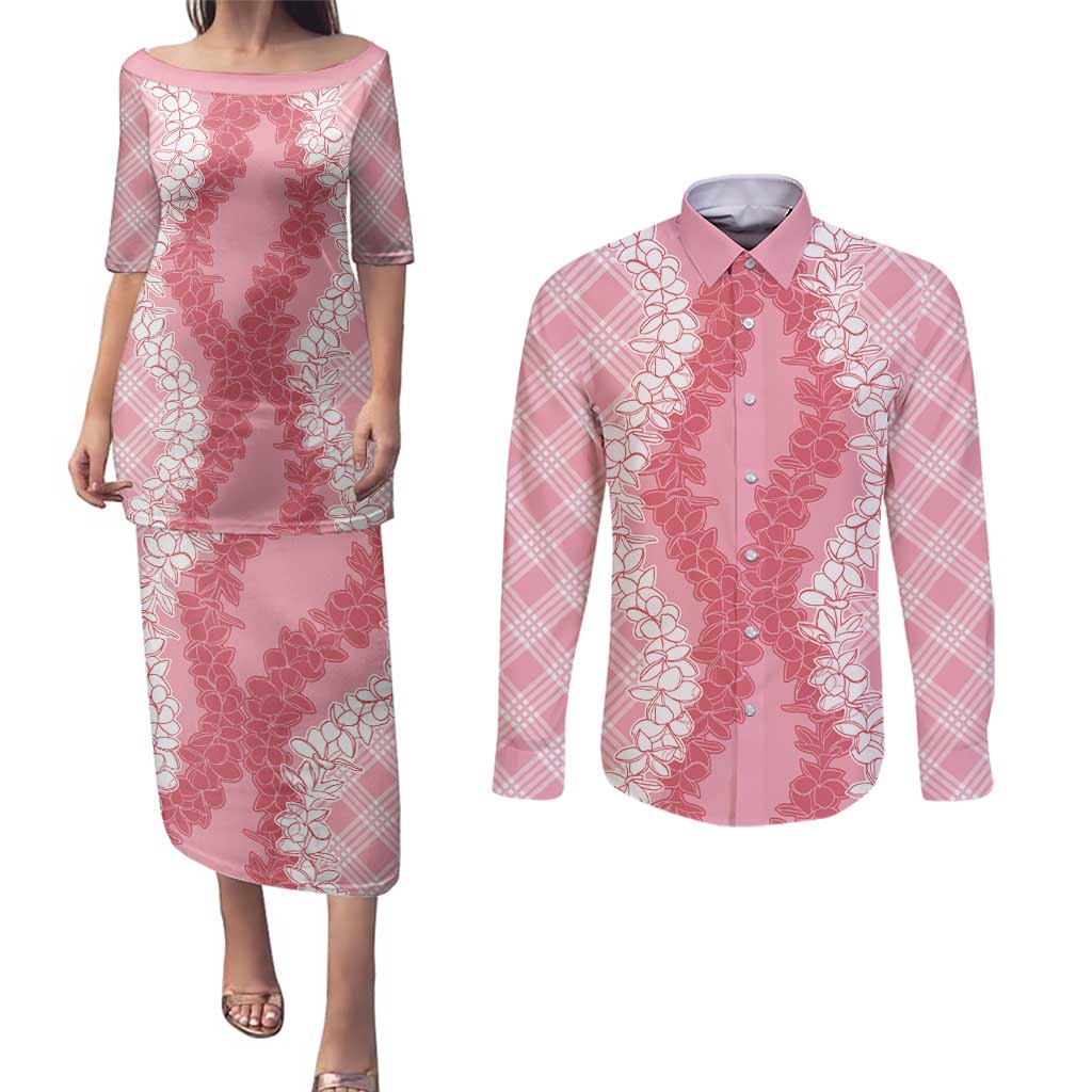 Hawaii Aloha Plumeria Lei Pink Palaka Couples Matching Puletasi and Long Sleeve Button Shirt - Polynesian Pride