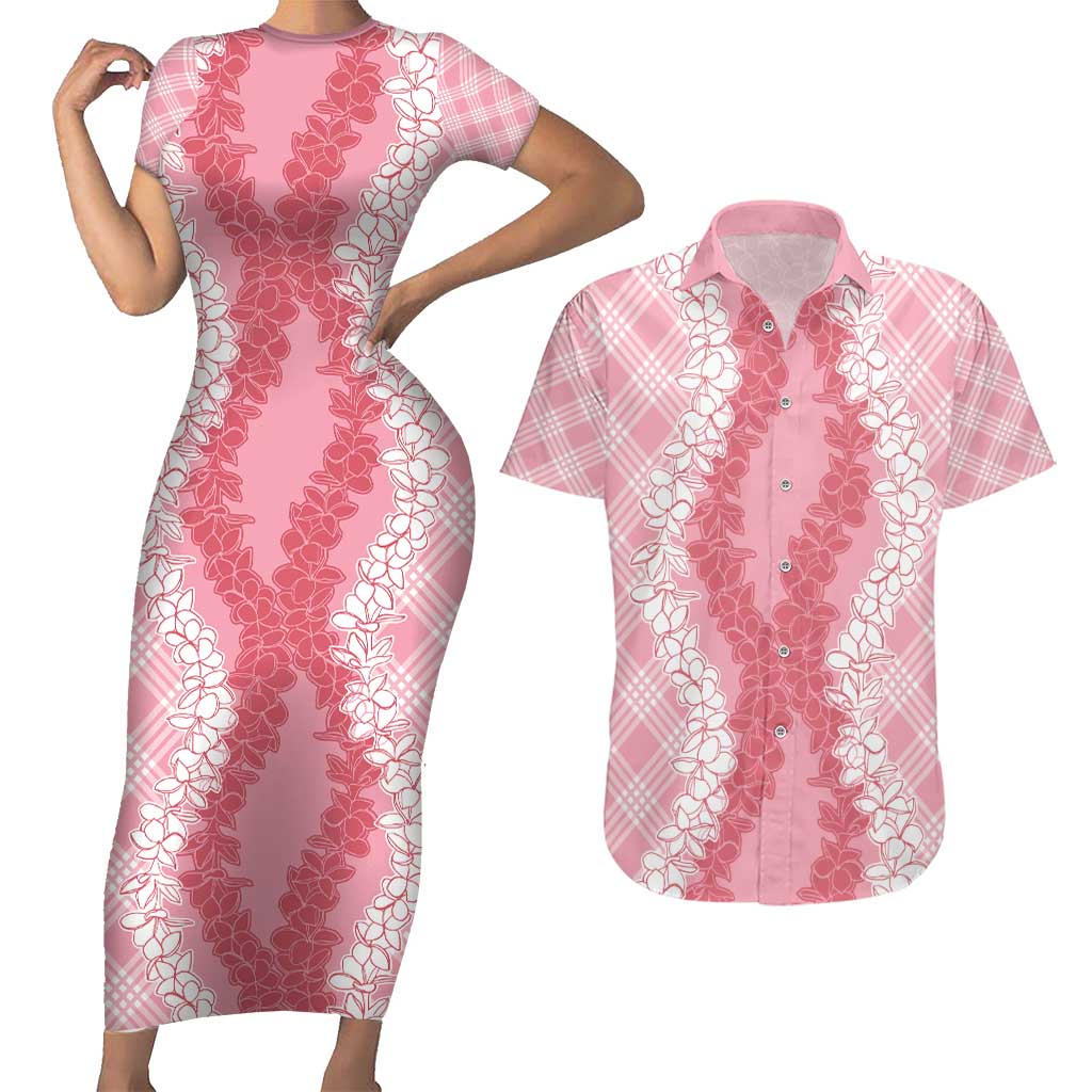 Hawaii Aloha Plumeria Lei Pink Palaka Couples Matching Short Sleeve Bodycon Dress and Hawaiian Shirt - Polynesian Pride