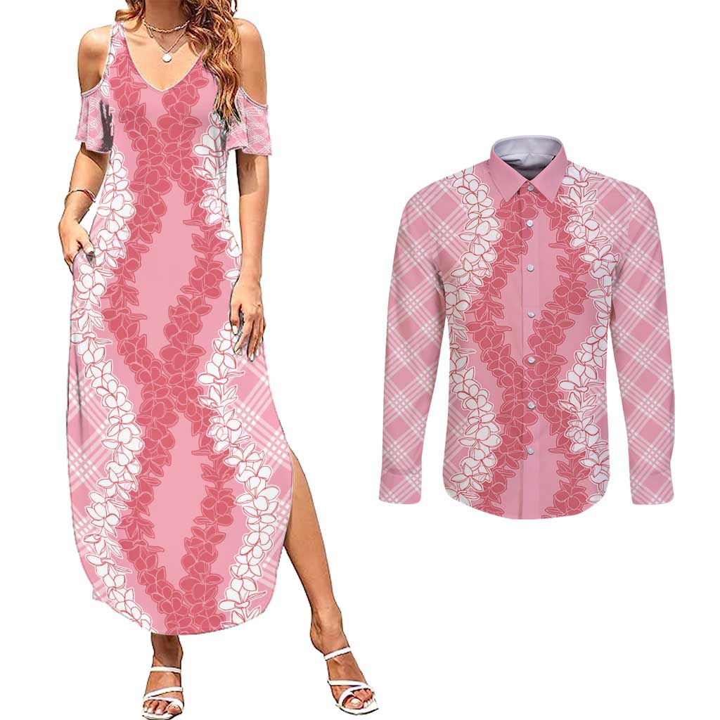 Hawaii Aloha Plumeria Lei Pink Palaka Couples Matching Summer Maxi Dress and Long Sleeve Button Shirt - Polynesian Pride