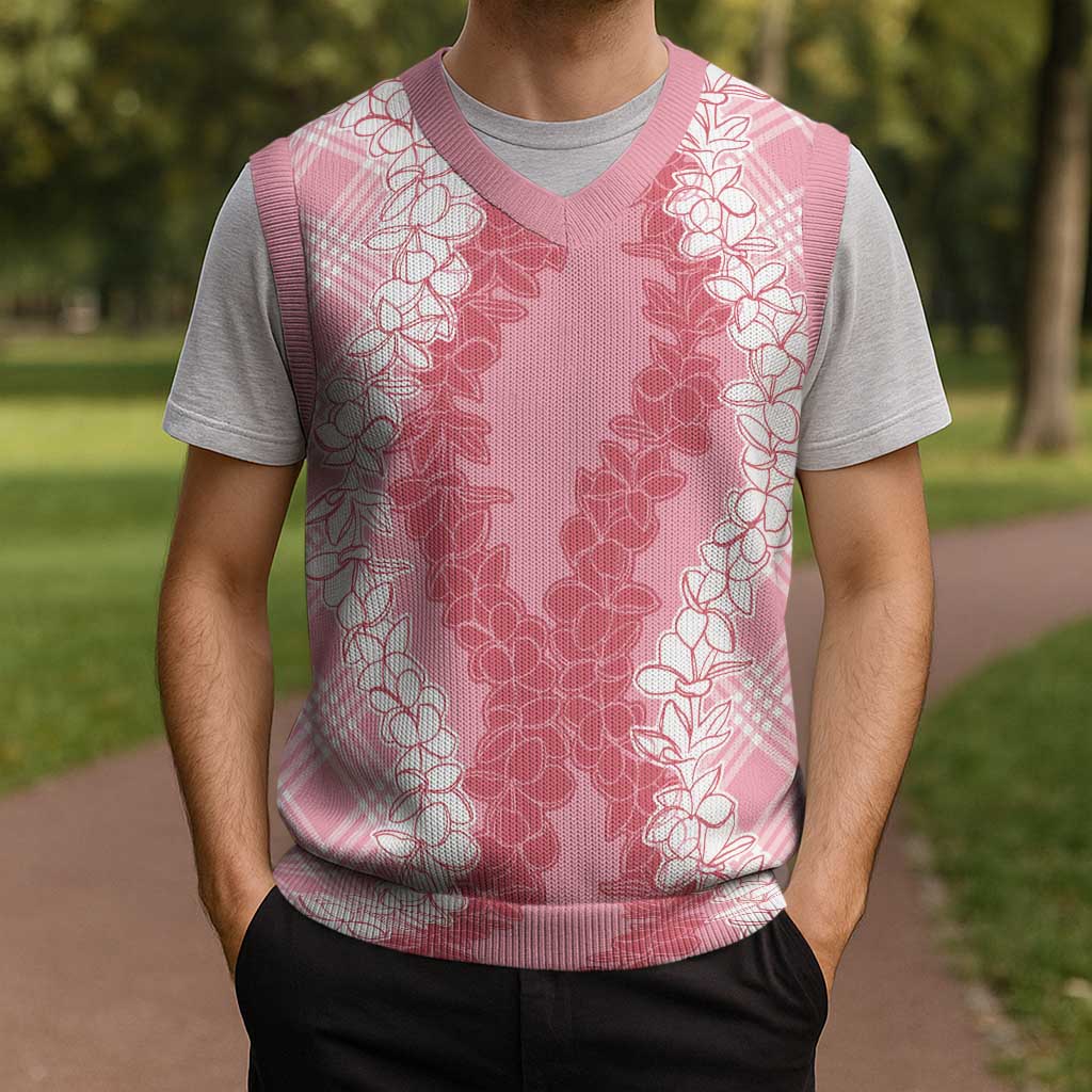 Hawaii Aloha Plumeria Lei Pink Palaka Christmas Knitted V-Neck Vest - Polynesian Pride