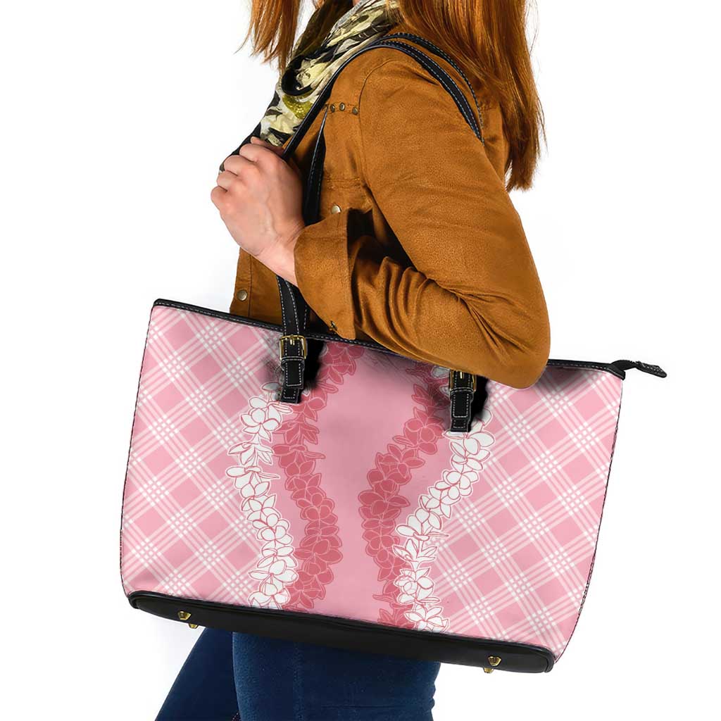 Hawaii Aloha Plumeria Lei Pink Palaka Leather Tote Bag LT7 Pink - Polynesian Pride