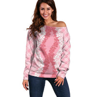 Hawaii Aloha Plumeria Lei Pink Palaka Off Shoulder Sweater - Polynesian Pride