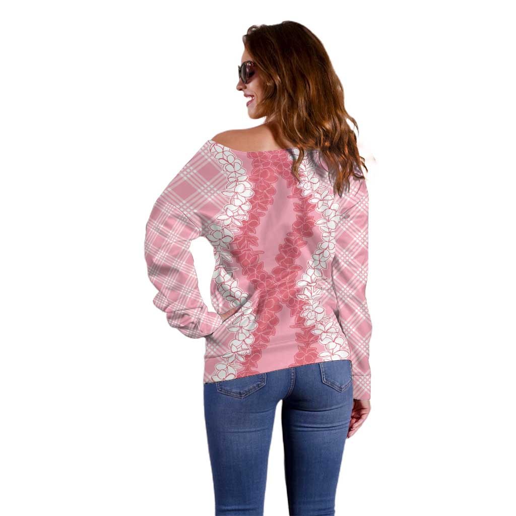 Hawaii Aloha Plumeria Lei Pink Palaka Off Shoulder Sweater - Polynesian Pride