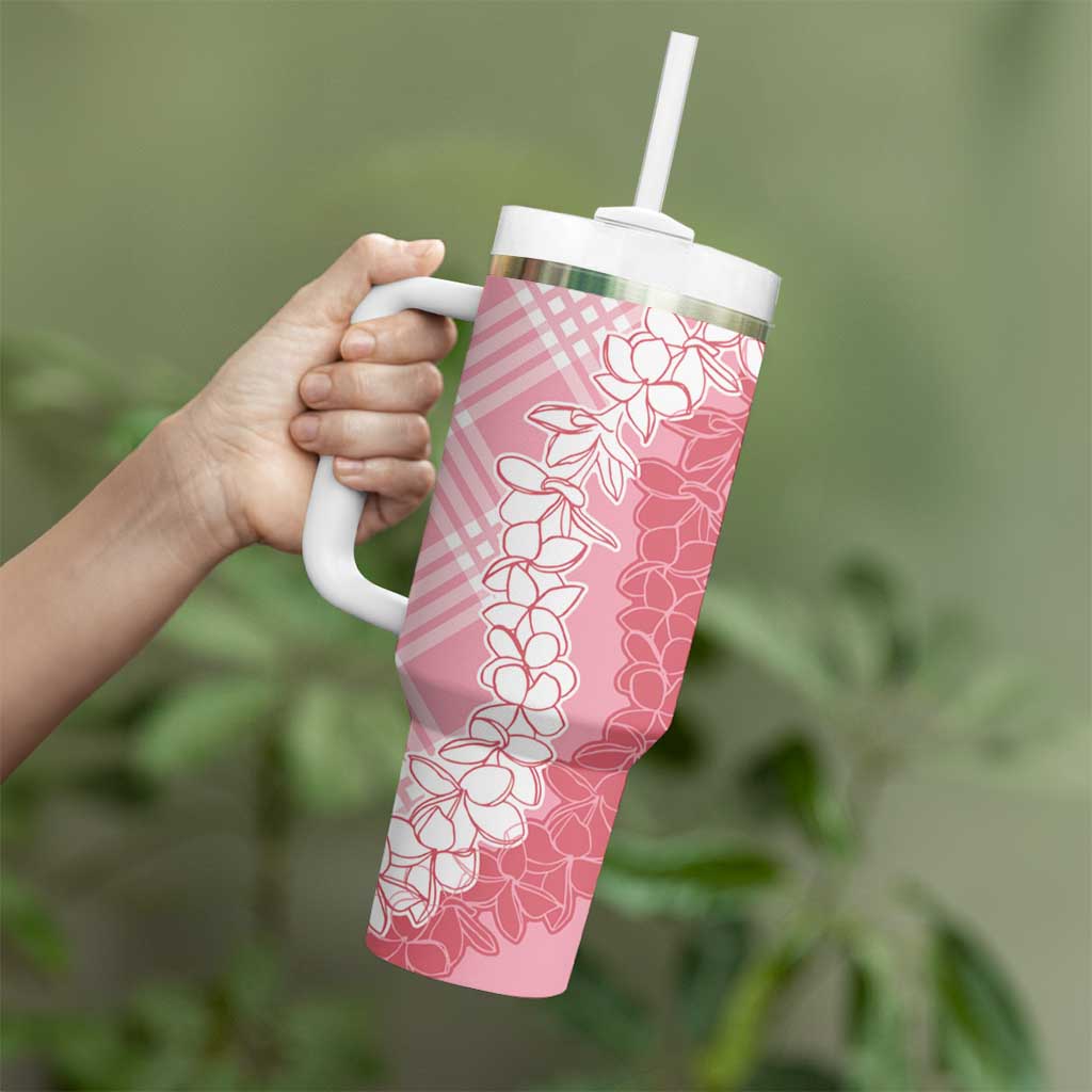 Hawaii Aloha Plumeria Lei Pink Palaka Tumbler With Handle - Polynesian Pride