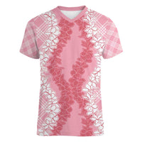 Hawaii Aloha Plumeria Lei Pink Palaka Women V-Neck T-Shirt - Polynesian Pride