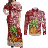 Mele Kalikimaka Hawaii Christmas Couples Matching Off Shoulder Maxi Dress and Long Sleeve Button Shirt Pineapple Party LT7 Red - Polynesian Pride