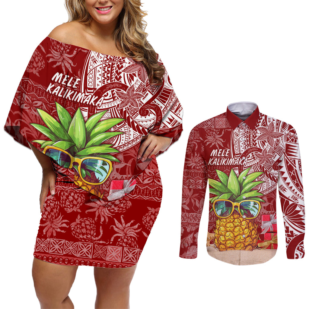 Mele Kalikimaka Hawaii Christmas Couples Matching Off Shoulder Short Dress and Long Sleeve Button Shirt Pineapple Party LT7 Red - Polynesian Pride