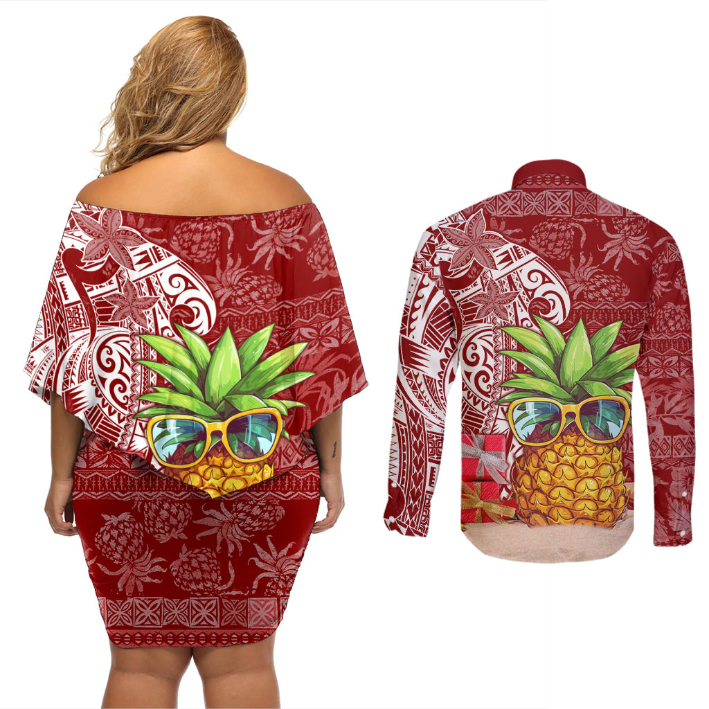 Mele Kalikimaka Hawaii Christmas Couples Matching Off Shoulder Short Dress and Long Sleeve Button Shirt Pineapple Party LT7 - Polynesian Pride