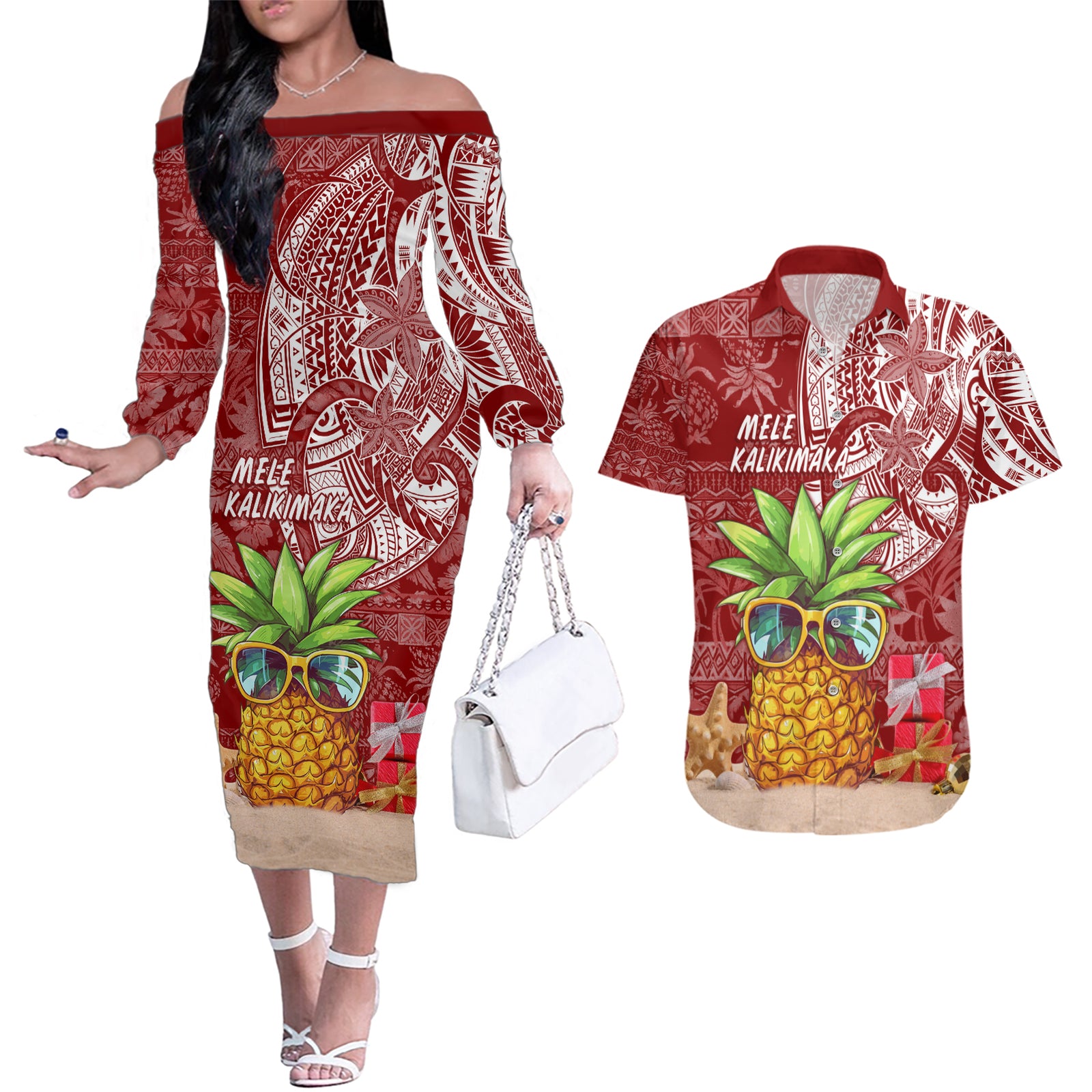 Mele Kalikimaka Hawaii Christmas Couples Matching Off The Shoulder Long Sleeve Dress and Hawaiian Shirt Pineapple Party LT7 Red - Polynesian Pride