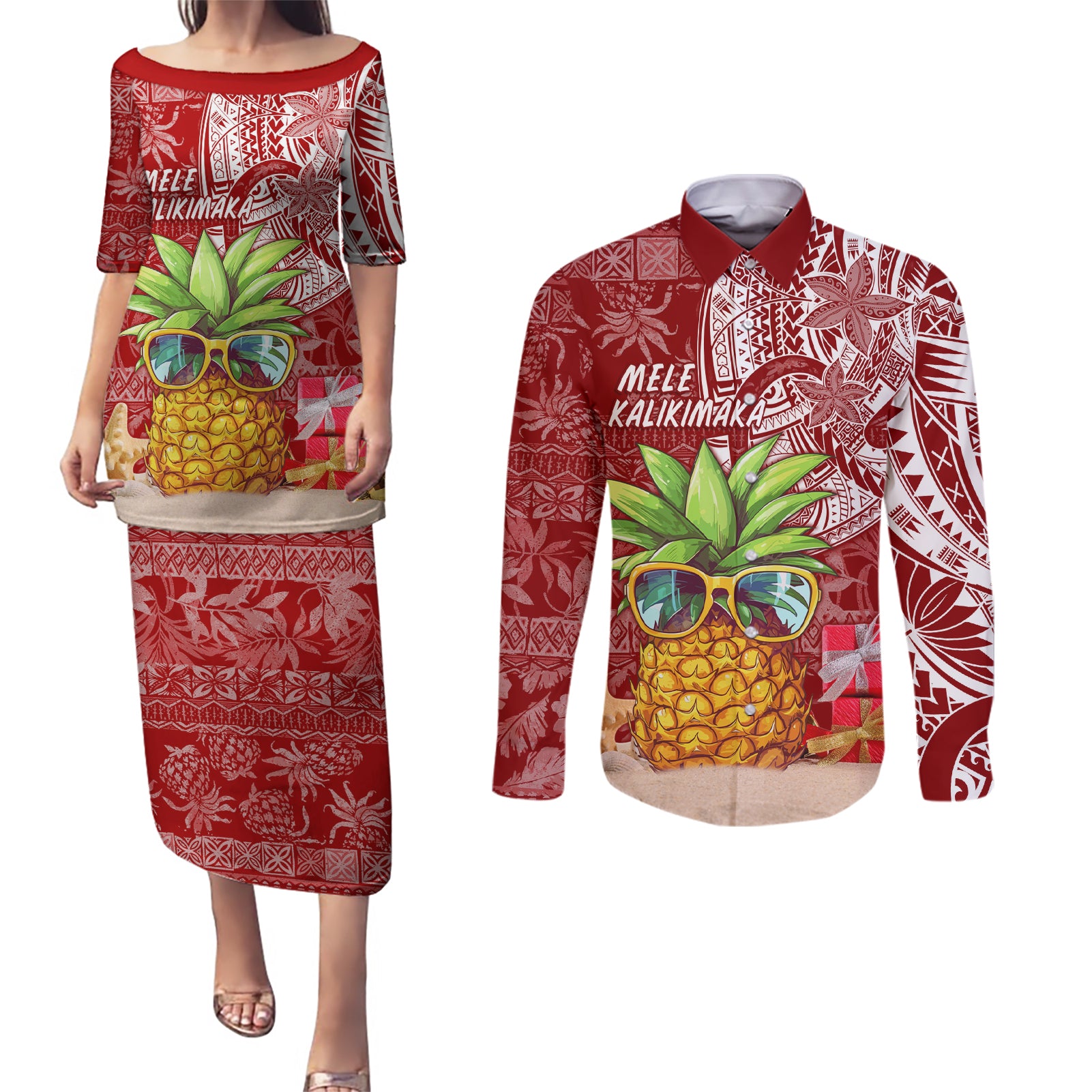 Mele Kalikimaka Hawaii Christmas Couples Matching Puletasi Dress and Long Sleeve Button Shirt Pineapple Party LT7 Red - Polynesian Pride