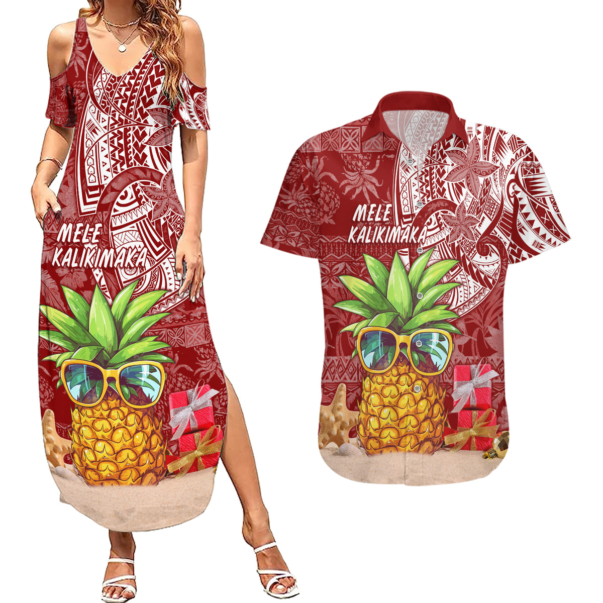 Mele Kalikimaka Hawaii Christmas Couples Matching Summer Maxi Dress and Hawaiian Shirt Pineapple Party LT7 Red - Polynesian Pride
