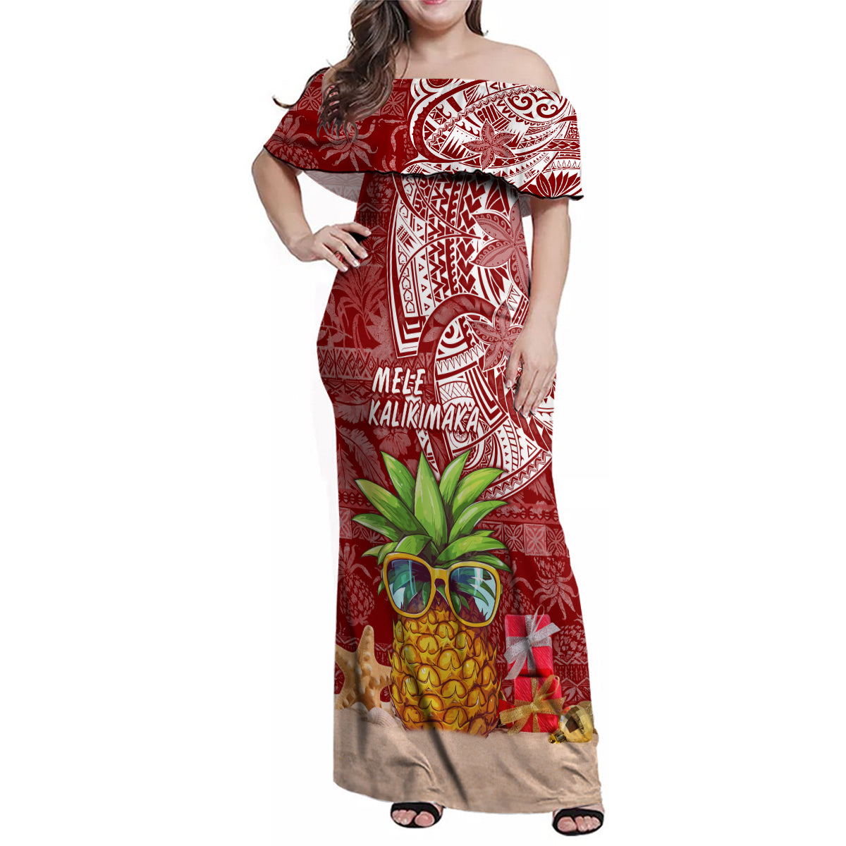 Mele Kalikimaka Hawaii Christmas Family Matching Off Shoulder Maxi Dress and Hawaiian Shirt Pineapple Party LT7 Mom's Dress Red - Polynesian Pride