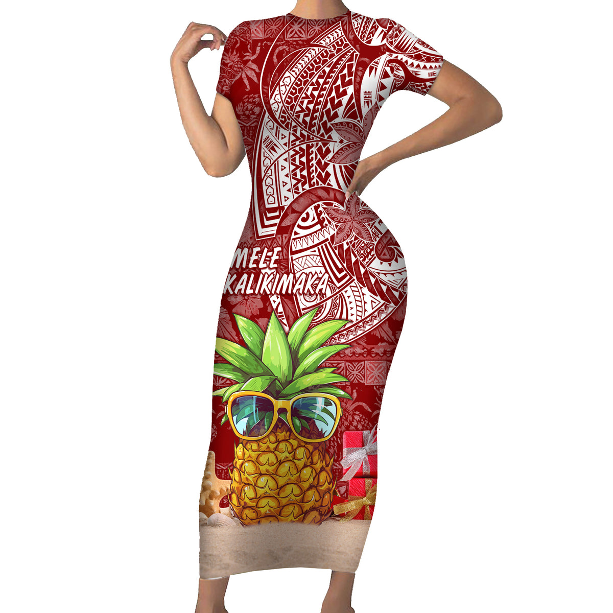 Mele Kalikimaka Hawaii Christmas Short Sleeve Bodycon Dress Pineapple Party LT7 Long Dress Red - Polynesian Pride