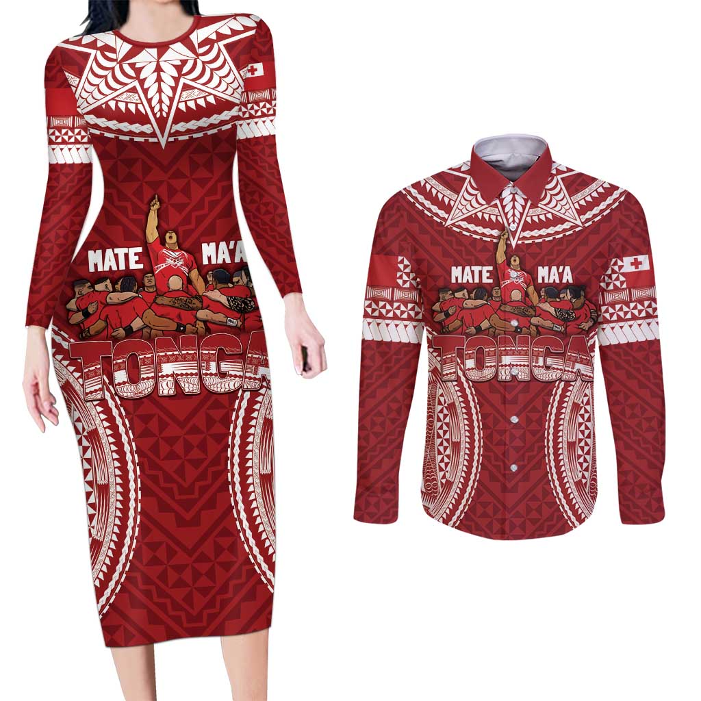 Personalized Mate Maa Tonga Rugby Couples Matching Long Sleeve Bodycon Dress and Long Sleeve Button Shirt Ofa Atu Tonga LT7 Red - Polynesian Pride
