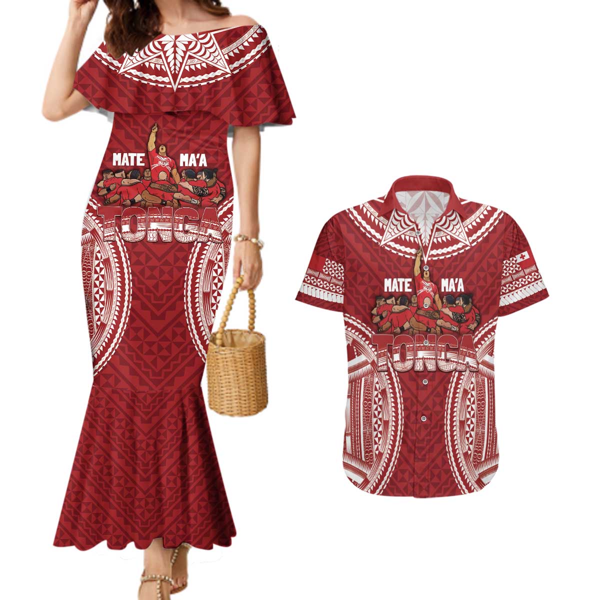 Personalized Mate Maa Tonga Rugby Couples Matching Mermaid Dress and Hawaiian Shirt Ofa Atu Tonga LT7 Red - Polynesian Pride
