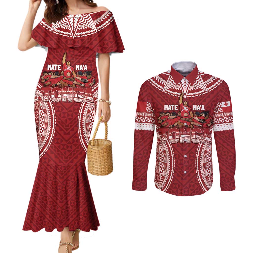 Personalized Mate Maa Tonga Rugby Couples Matching Mermaid Dress and Long Sleeve Button Shirt Ofa Atu Tonga LT7 Red - Polynesian Pride