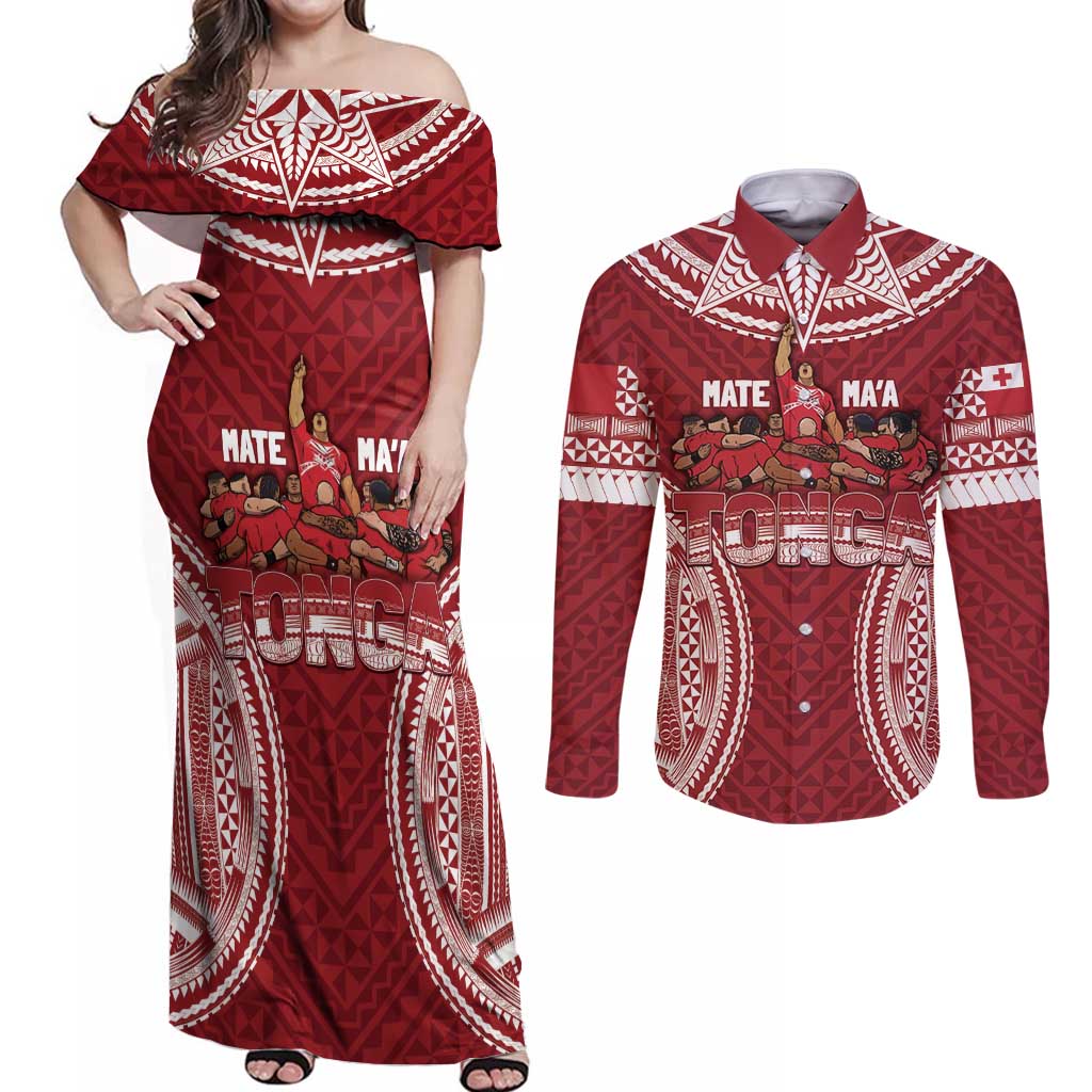 Personalized Mate Maa Tonga Rugby Couples Matching Off Shoulder Maxi Dress and Long Sleeve Button Shirt Ofa Atu Tonga LT7 Red - Polynesian Pride