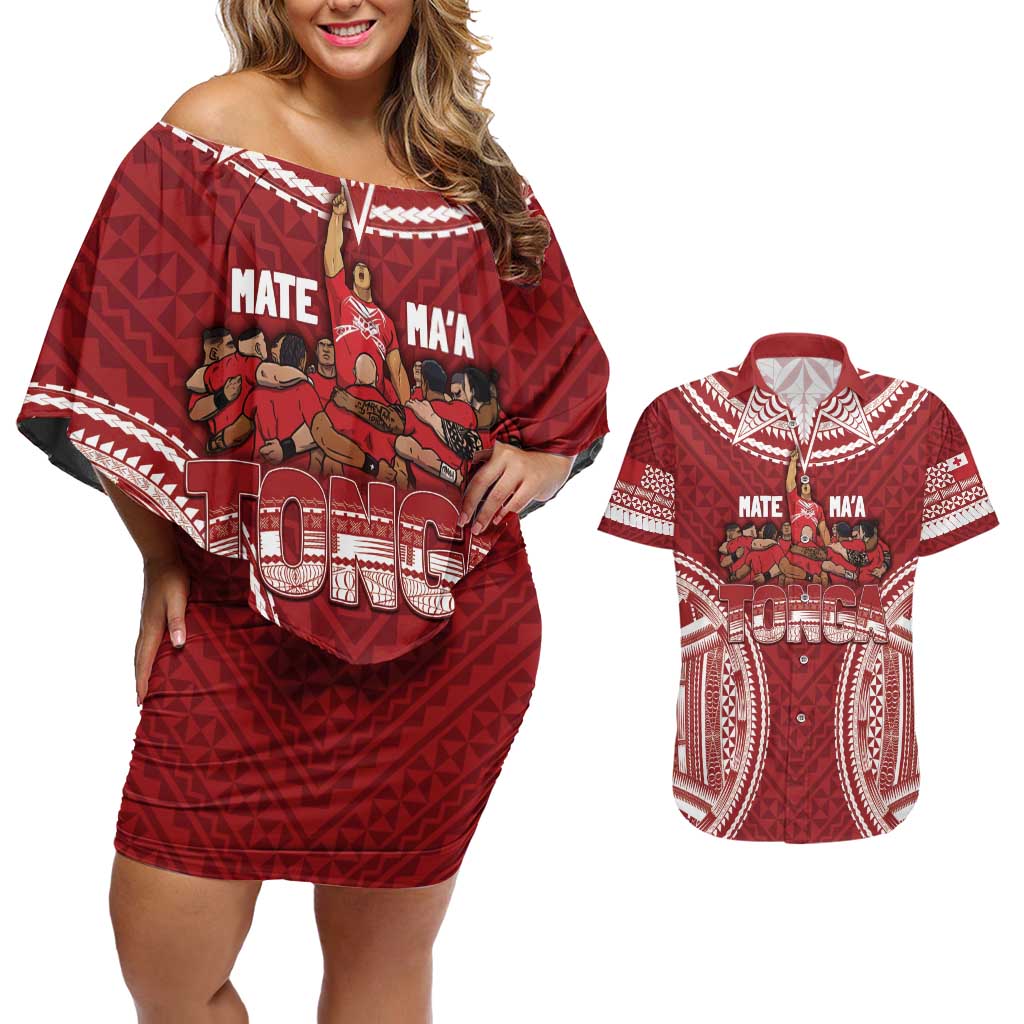 Personalized Mate Maa Tonga Rugby Couples Matching Off Shoulder Short Dress and Hawaiian Shirt Ofa Atu Tonga LT7 Red - Polynesian Pride