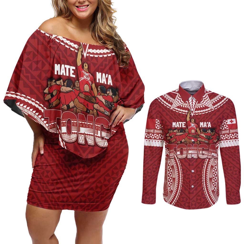 Personalized Mate Maa Tonga Rugby Couples Matching Off Shoulder Short Dress and Long Sleeve Button Shirt Ofa Atu Tonga LT7 Red - Polynesian Pride