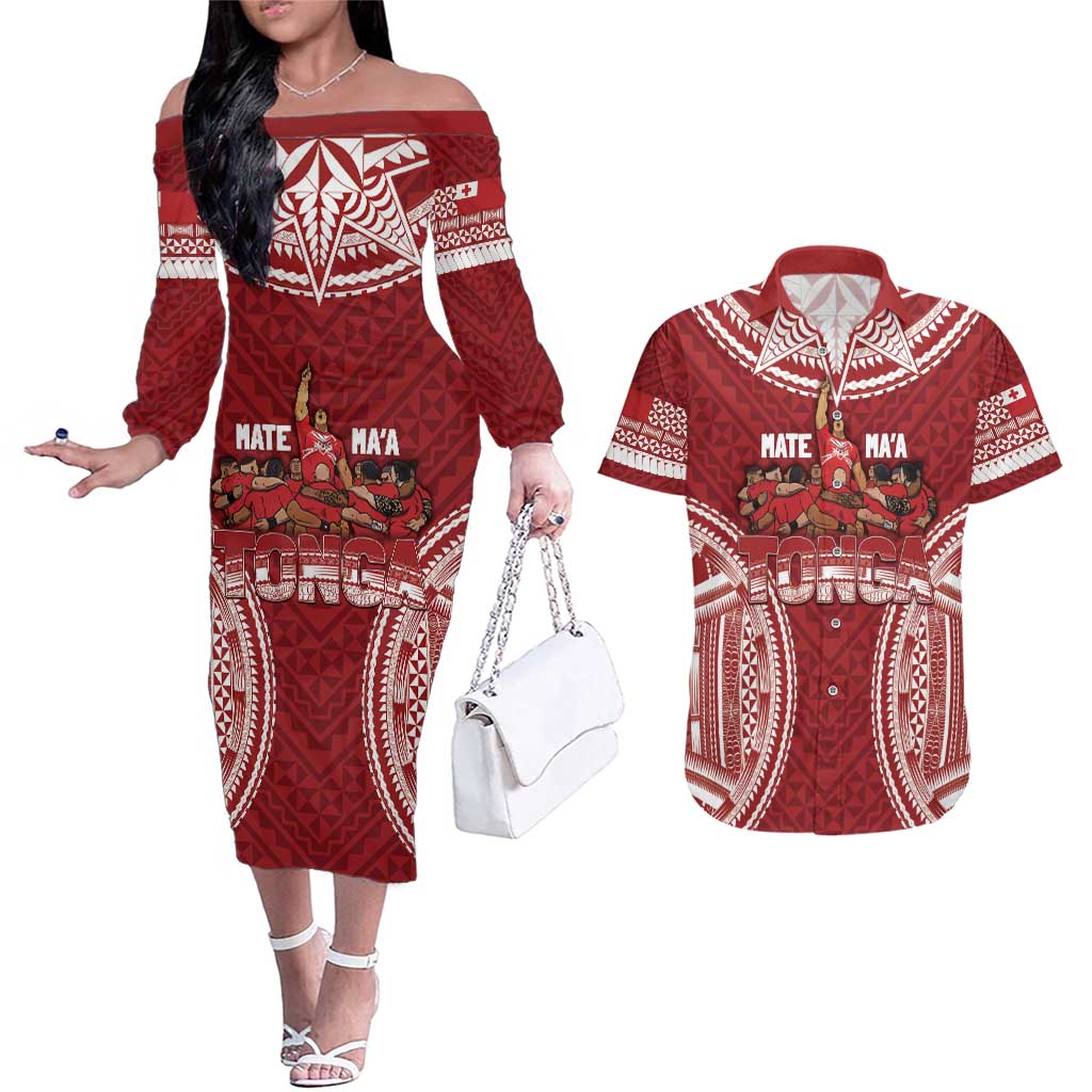 Personalized Mate Maa Tonga Rugby Couples Matching Off The Shoulder Long Sleeve Dress and Hawaiian Shirt Ofa Atu Tonga LT7 Red - Polynesian Pride