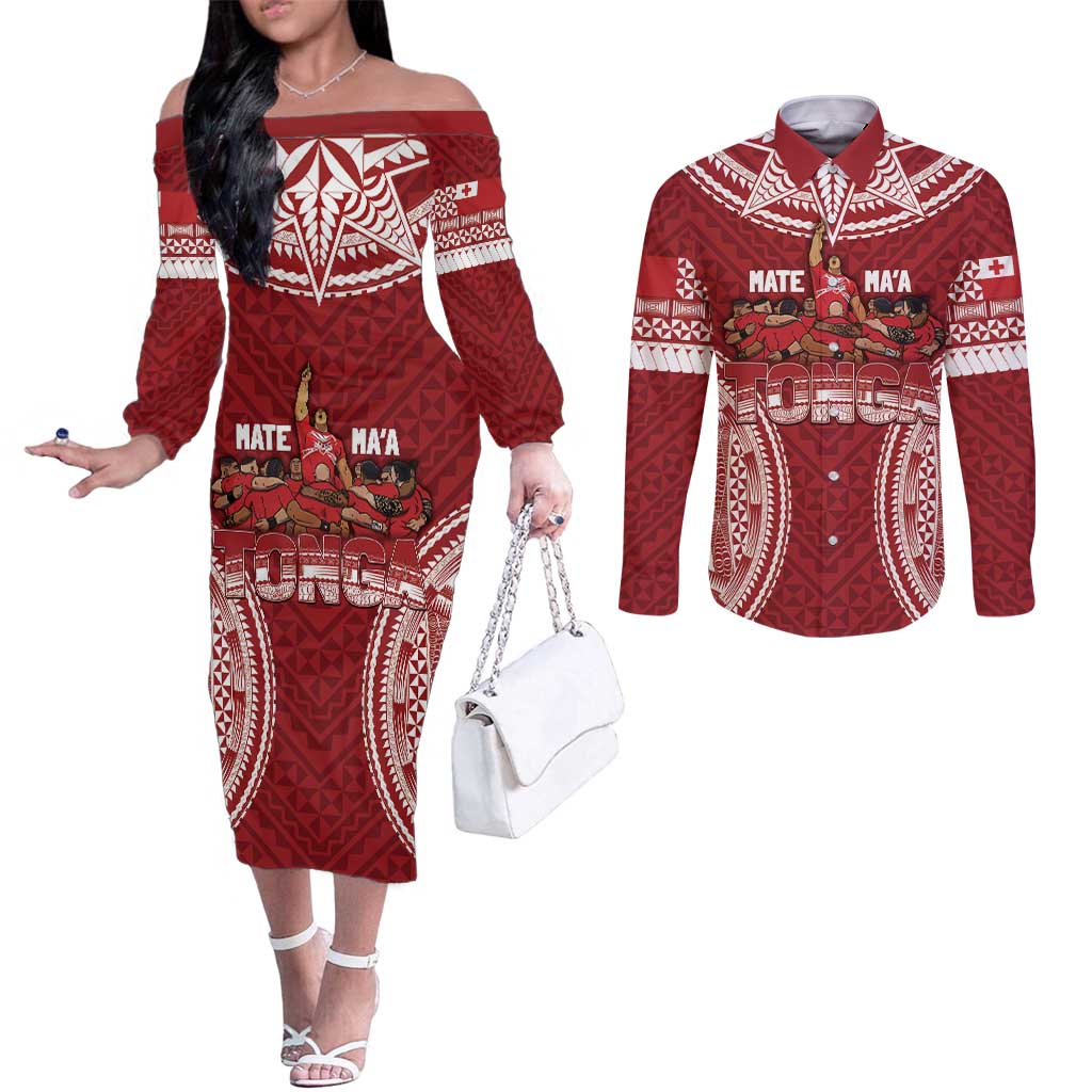 Personalized Mate Maa Tonga Rugby Couples Matching Off The Shoulder Long Sleeve Dress and Long Sleeve Button Shirt Ofa Atu Tonga LT7 Red - Polynesian Pride