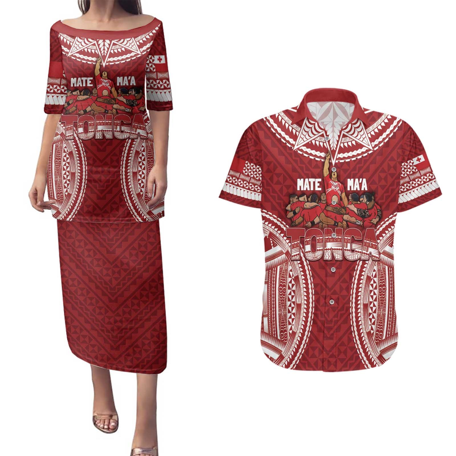 Personalized Mate Maa Tonga Rugby Couples Matching Puletasi and Hawaiian Shirt Ofa Atu Tonga LT7 Red - Polynesian Pride