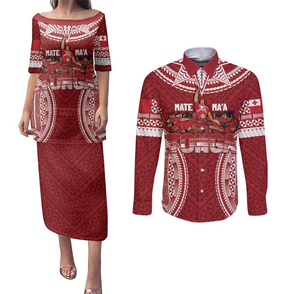 Personalized Mate Maa Tonga Rugby Couples Matching Puletasi and Long Sleeve Button Shirt Ofa Atu Tonga LT7 Red - Polynesian Pride