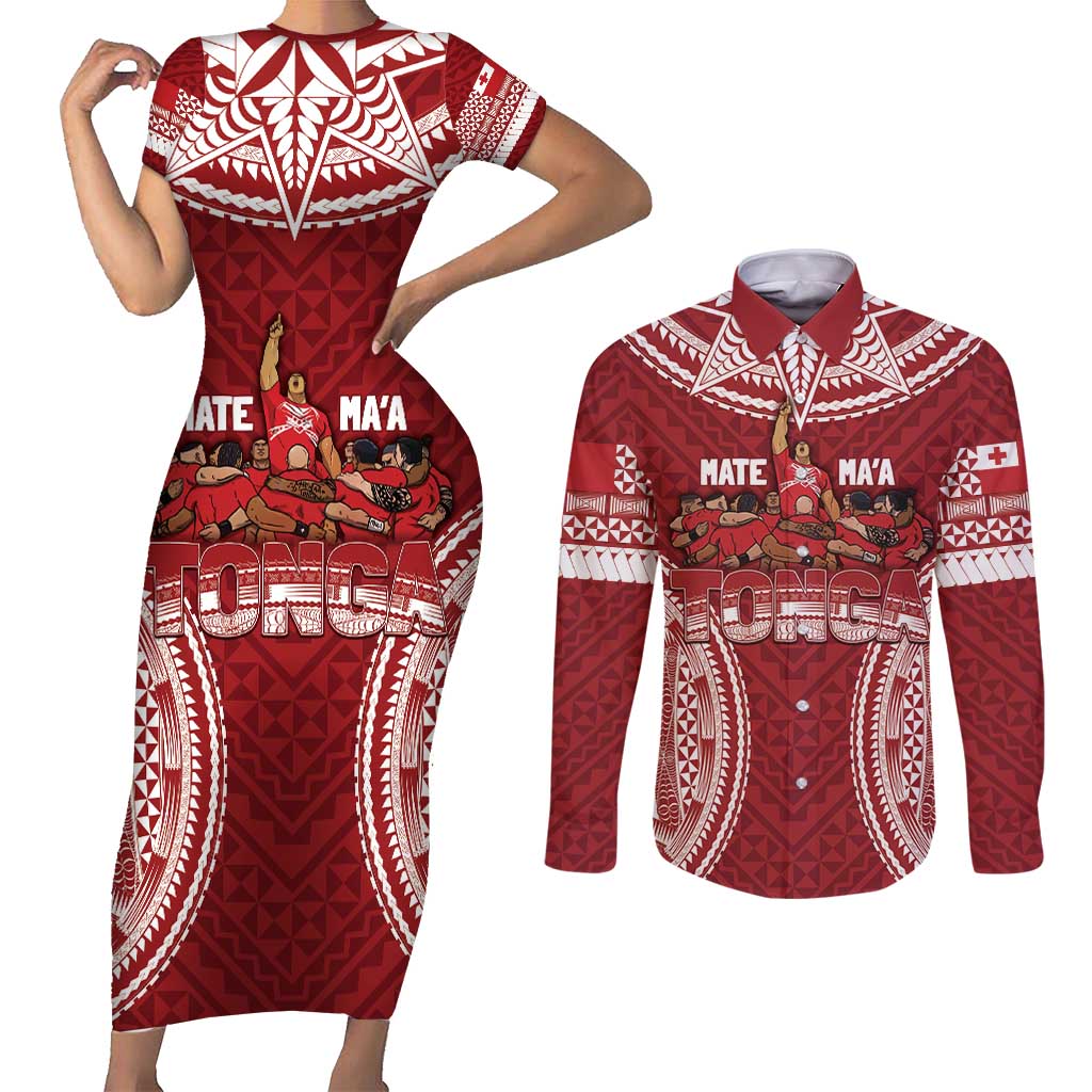 Personalized Mate Maa Tonga Rugby Couples Matching Short Sleeve Bodycon Dress and Long Sleeve Button Shirt Ofa Atu Tonga LT7 Red - Polynesian Pride