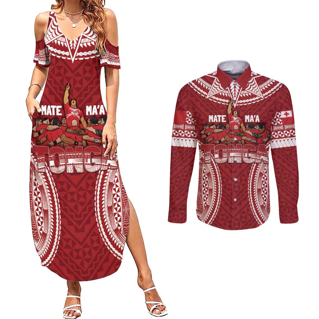 Personalized Mate Maa Tonga Rugby Couples Matching Summer Maxi Dress and Long Sleeve Button Shirt Ofa Atu Tonga LT7 Red - Polynesian Pride