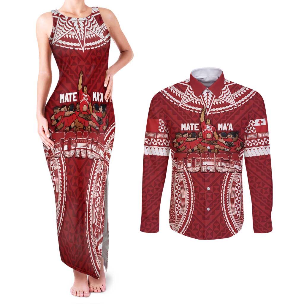 Personalized Mate Maa Tonga Rugby Couples Matching Tank Maxi Dress and Long Sleeve Button Shirt Ofa Atu Tonga LT7 Red - Polynesian Pride